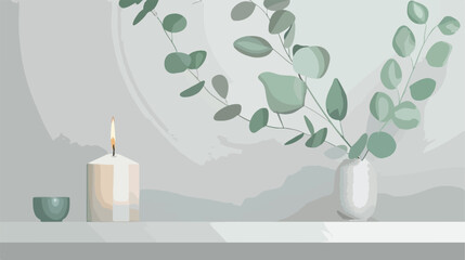 Vase with green eucalyptus branches and candle 