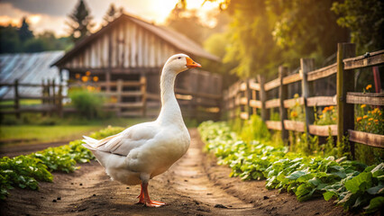 Domestic Goose at Home Farm. A majestic domestic goose takes a leisurely stroll in the vibrant garden of a home farm. The warm sunlight enhances its striking plumage. 