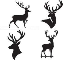 Set of wild deer silhouettes in flat style isolated on white background. Vector illustration