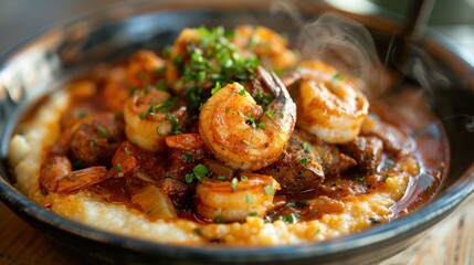 Southern Spice Harmony - Cajun Shrimp and Grits - Creamy Southern Perfection - Rich Light Accentuating Spicy Comfort,Delicious shrimp dish with herbs and spices,Close Up of Bowl of Shrim. Generated AI