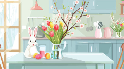 Vases with tulips willow branches and Easter rabbit o