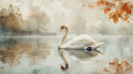 A swan in a lake with a beautiful fall backdrop