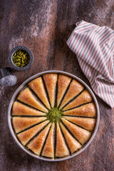 Turkish baklava desserts (carrot baklava). Turkish Havuc Dilim Baklava with pistachio.