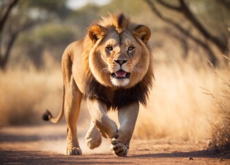 Obraz premium A majestic male lion, the embodiment of raw power and strength, prowls the vast savannah. His muscles tense, eyes focused, he is the epitome of nature’s relentless hunt. 