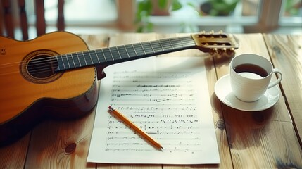 Classical Guitar on Wooden Table, Composer Crafting Music with Score Sheet, Pencil, and Coffee