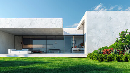 Monochromatic white stucco walls, flat roof, vibrant green lawn in minimalist residential design.