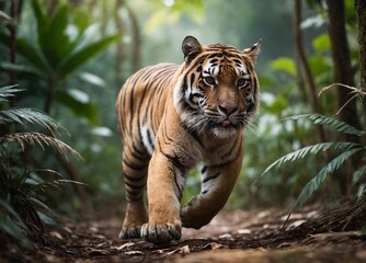 A majestic tiger, the embodiment of stealth and power, stalks through the dense jungle. Its muscles tense, eyes focused, it is the epitome of nature’s relentless hunt. 