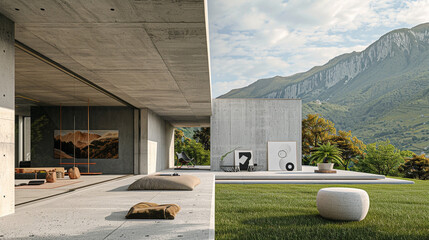 A minimalist, concrete house with a large, open lawn, a few modern art pieces, and a stunning...