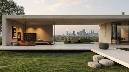A minimalist, modular house with a large, open lawn, a few modern art pieces, and a stunning city...