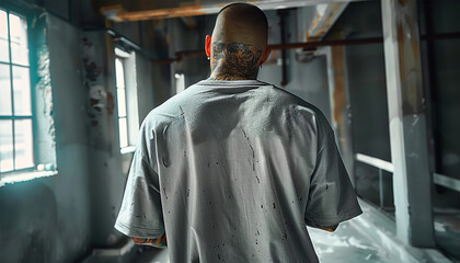 Naklejka premium Inmate with tattoos in beige uniform in jail cell, Male prisoner serves imprisonment term for crime in prison. Detention center or correctional facility.