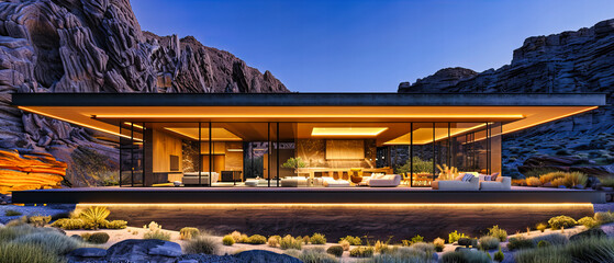 Modern desert home blending into a rugged landscape, showcasing contemporary architecture in a natural setting