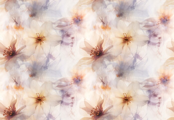 Seamless abstract floral pattern with hibiscus and orchid flowers in shades of white, brown beige...