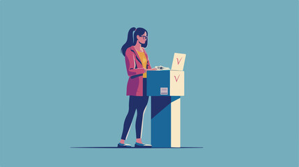 Voting woman near ballot box on blue background vector