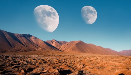 a desolate landscape with two large moons in the sky the sky is blue and the mountains are brown