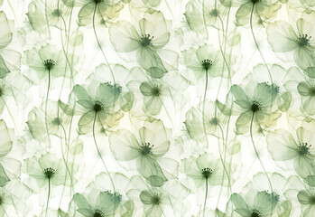 Seamless pattern. Flowers in soft shades of green and white, ethereal and dreamy, Xray style. High resolution. AI generated