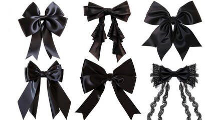Set black goth gift bow, satin, isolated on white. Ai generative