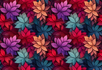 Seamless Abstract floral background with colorful leaves and flowers. Dahlia petals in red color, blue green leaves on a dark background. High resolution. AI generated