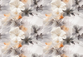 Seamless abstract floral pattern with hibiscus and orchid flowers in shades of white, brown beige grey teal cream and light purple. High resolution. AI generated