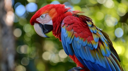 Fototapeta premium A colorful bird is sitting on a branch in a forest.