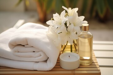 A stack of white towels, a lit candle, and a glass bottle on a wooden surface