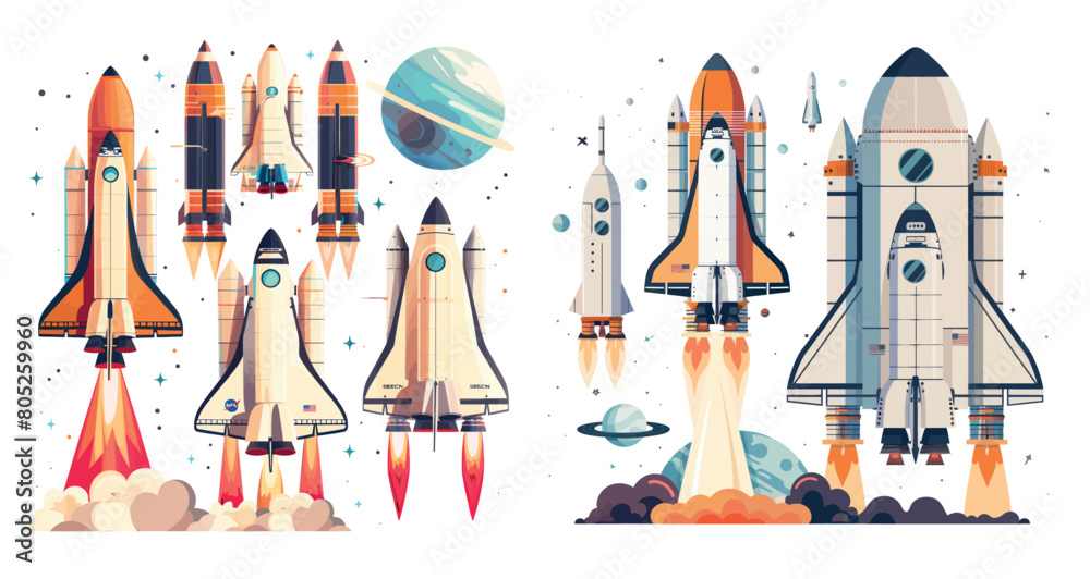 Aufkleber Launch spaceships and rockets. Rocket launch, exploring other planets and road to space illustration set.