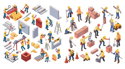 The illustration of construction workers, builders, and engineers in isometric view.