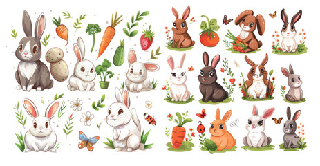 Animated spring bunny pets, white and brown rabbit characters modern illustration set.