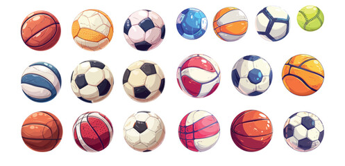 Cartoon sport ball, soccer, basketball, and volleyball equipment. Rugby, hockey, tennis sport ball equipment modern illustration set.