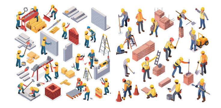 The illustration of construction workers, builders, and engineers in isometric view.