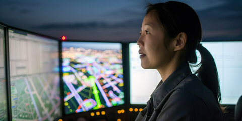 Female air traffic controller monitoring flight data on multiple screens in a control room.