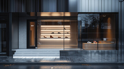 A minimalist shoe boutique with a sleek, metal-and-glass exterior, and a small, elegant sign,