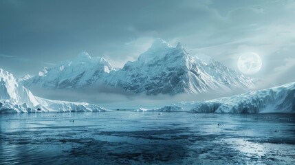 Fototapeta premium Fantasy landscape with snowy mountains and lake