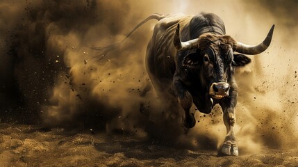 Bull fighting in a spanish bullfight with smoke and fire background