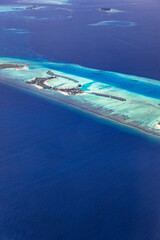 Maldives paradise island. Tropical aerial landscape, seascape with atoll, water bungalows villas with amazing sea lagoon beach. Exotic tourism destination, summer vacation background. Aerial travel
