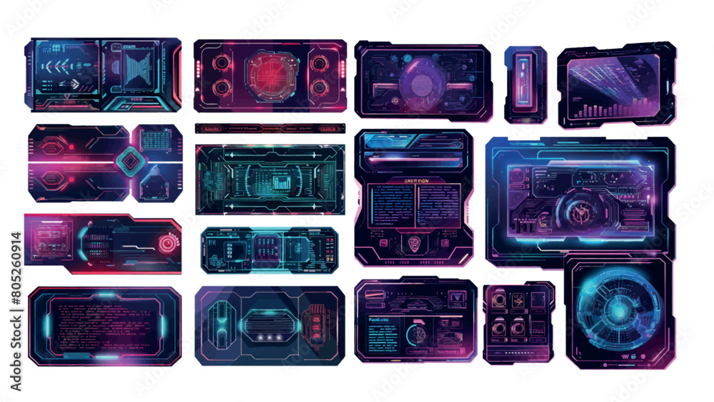 Aufkleber  banners in futuristic style, cyberpunk-style description backgrounds, and a pop-up bar for information screens in cyberpunk style.
