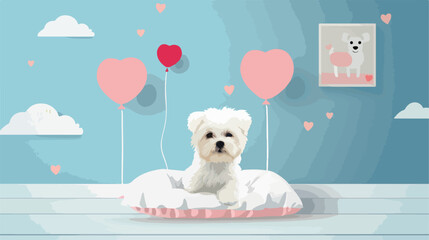 White dog with balloons sitting in pet bed near blue