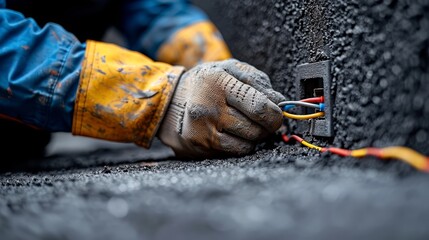 Close-up of a professional electrician's hands installing wires in a wall socket