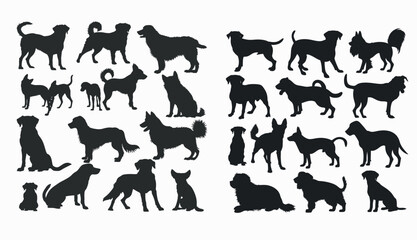 Dog breed silhouettes. Small and large domestic animals or pets represented as dobermans, malamutes, labradors, poodles, shepherds