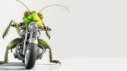 grasshopper riding a motor cycle isolated on white background