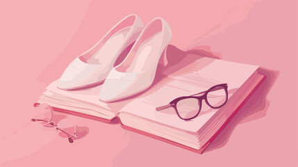 White slippers open book and eyeglasses on pink background