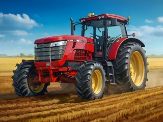 red tractor on a field An ultra-HD digital illustration of a powerful tractor, meticulously rendered with intricate details and realistic textures, set against a dynamic background showcasing the vast