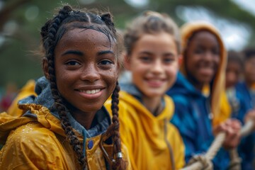 Young girl with raindrops on face during a rainy outdoor team-building exercise