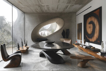 A chic dining area featuring a minimalist table design against a backdrop of modern art pieces.