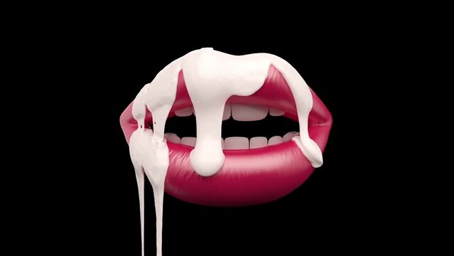 3D animation white liquid dripping on the lips