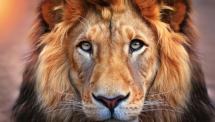 Close-up of a majestic lion's face, intense gaze, with a lush golden mane and deep brown eyes