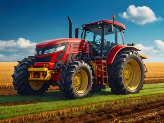 old red tractor in a field An ultra-HD digital illustration of a powerful tractor, meticulously rendered with intricate details and realistic textures, set against a dynamic background showcasing the 