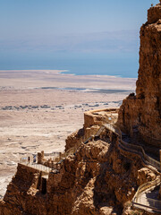Historical site of Masada over the Judean desert and the dead sea