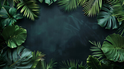 Frame made of tropical leaves on dark background