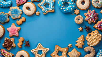 Frame made of wooden dreidels cookies and donuts 