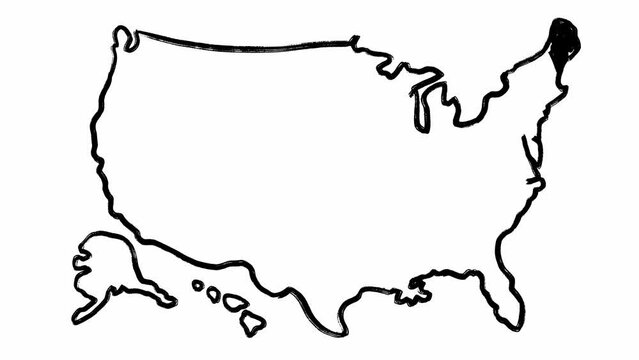 Hand drawn scribble style map of the USA and Maine state in set of stop motion isolated animations filmed on white background. Black outline borders of American territory and one of its districts